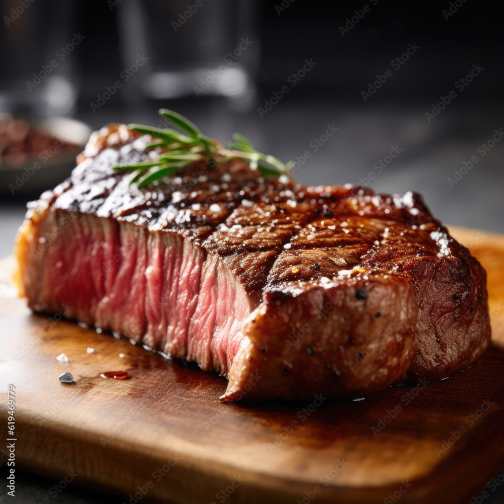 Medium Ribeye steak on wooden board Medium Ribeye steak on wooden board