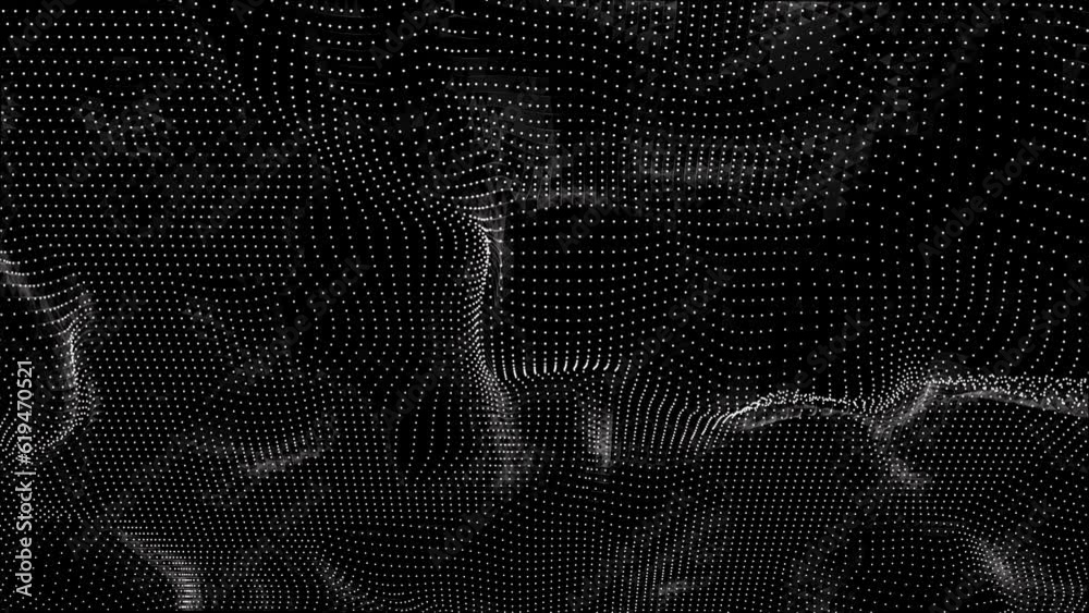 Futuristic grid wave of white halftone digital dots data smooth seamless animation on dark with dim light background. Flow particles landscape. For cyber technology, sound visualization, big data