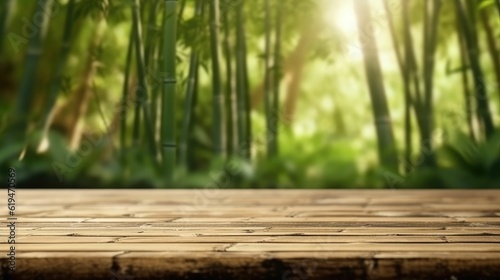 empty wooden table blurred bamboo tree background