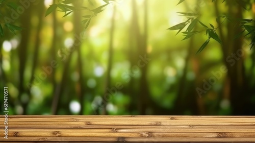empty wooden table blurred bamboo tree background
