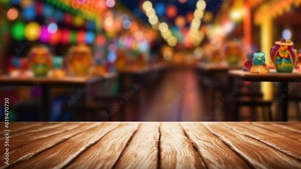 empty wooden table, blurred day of the dead skull  background