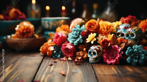 empty wooden table  blurred day of the dead skull  background