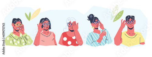 People try on glasses in an optics store, flat vector illustration isolated on white background. Optics and optometry, vision correction and fashion eyewear concept.