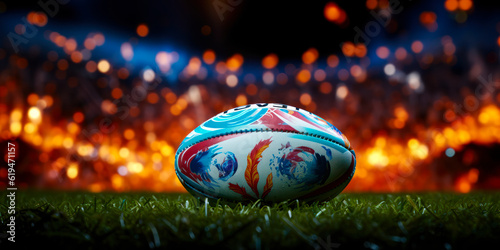 Emblem of Sport: Rugby Ball in Different National Colors on Stadium Field, Rugby World Cup Concept © Bartek