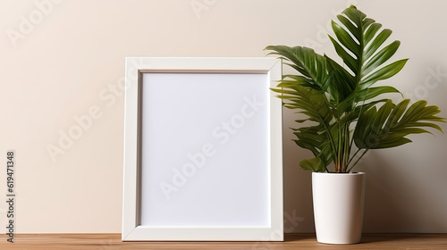 A blank photo frame mockup placed on a wooden floor in an empty room, surrounded by a lush green plant © Visual Realm