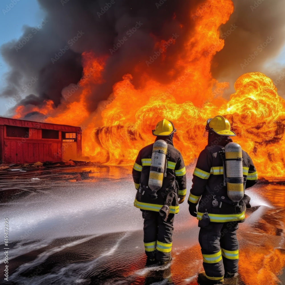 Obraz premium firefighters spraying high pressure water to fire with .concept