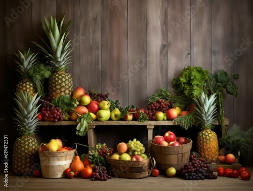Fruits and vegetables on rustic background
