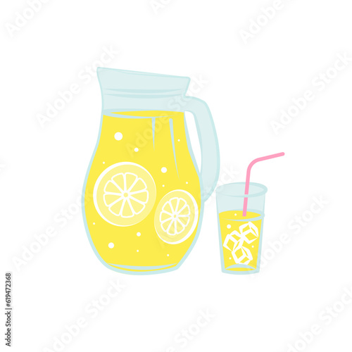 Glass of lemonade. Refreshing lemonade illustration. Glass with straw and pitcher with lemons and ice cubes. Glass and cocktail tube with lemonade or ice tea lemon slice. Cartoon style illustration
