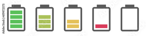 Battery icon set by charge level. Vector.