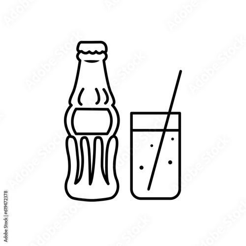 Glass and bottle of cola. Design element for summer bar menu, print, stickers, pictures, web design. Vector illustration in doodle style. Vector icon of cute line doodle soft drink and cola