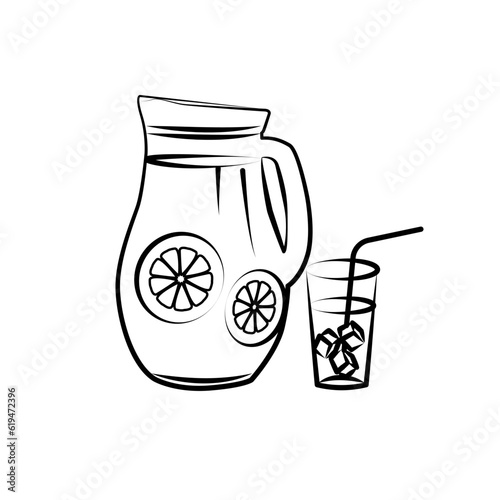 Lemonade. Jug and glass with lemonade and lemon slices inside. Refreshing soda with ice cubes. Summer drink. Refreshing beverage. Vector illustration in doodle style
