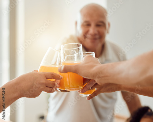 Celebration, senior happy man or toast with orange juice, beverage or glass drinks for fun friends reunion. Fruit liquid, retirement party group or hands of elderly people celebrate, smile and cheers