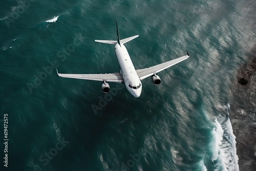 Top View Close Up of Airplane Flying over the Sea