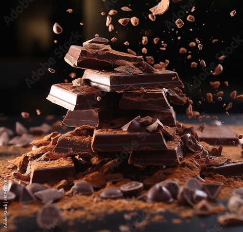 Pieces of chocolate and cocoa powder splashes on a black background.  International chocolate day celebration