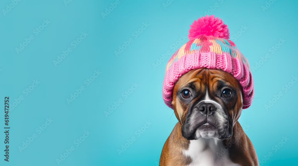 Cute little baby Boxer puppy dog wearing Pom Pom Toque isolated on light blue color background. Digital illustration generative AI.