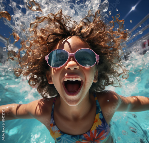 child in swimming pool with sunglasses smiling, in the style of photo-realistic landscapes © © Ai Factory