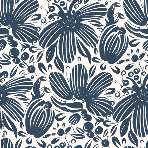 Black and white seamless pattern with flowers.