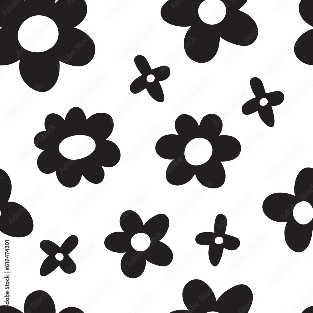 Fototapeta premium Seamless vector pattern with hand-drawn flowers. Black and white floral ornament