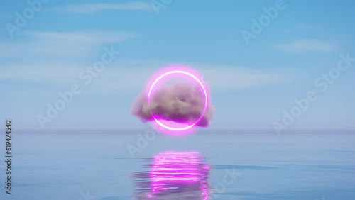 Surreal ocean landscape with pink circle and cloud in the blue sky over the sea waters. Modern minimal abstract background. 3d Rendering