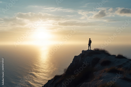 a man on a rock against the backdrop of the sea and the setting bright sun generative ai