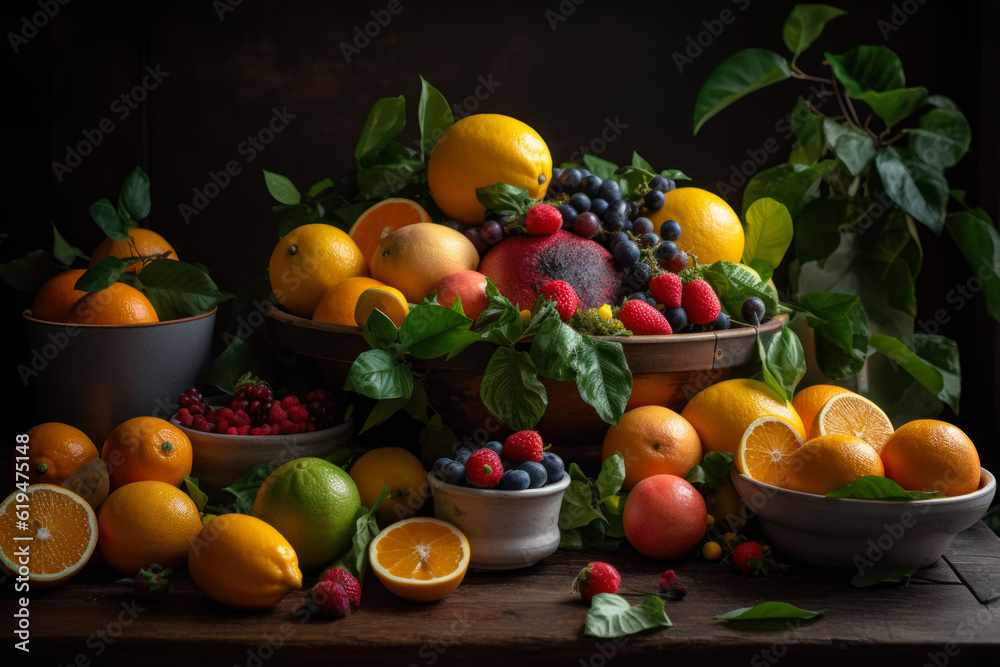 citrus berry and fruits on table generative ai