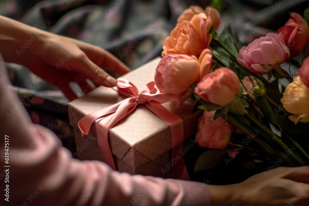 woman holding a surprise gift box for women day generative ai