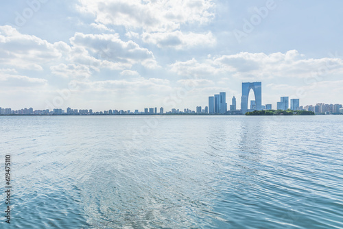 City skyline and river natural scenery in Suzhou, China