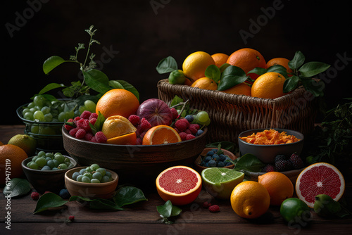 citrus berry and fruits on table generative ai