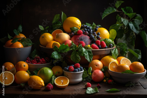 citrus berry and fruits on table generative ai