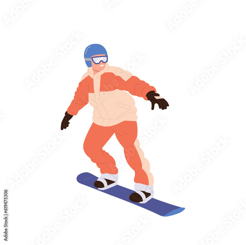 Snowboarder character wearing warm winter clothes riding board isolated on white background
