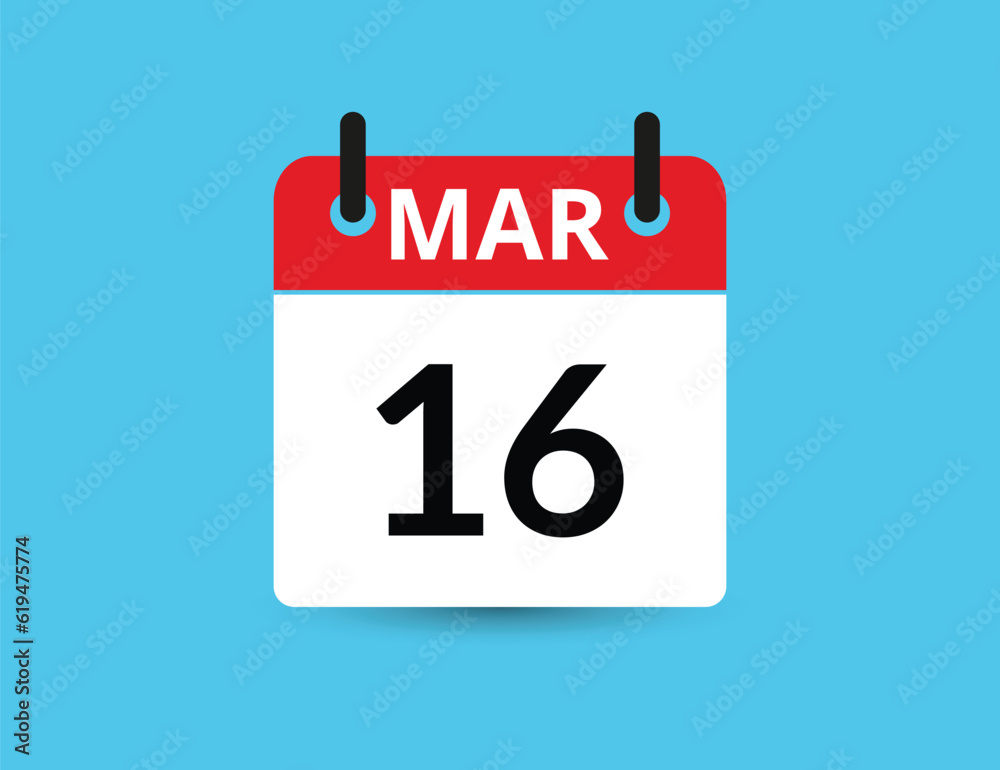 March 16. Flat icon calendar isolated on blue background. Date and month vector illustration March 16. Flat icon calendar isolated on blue background. Date and month vector illustration