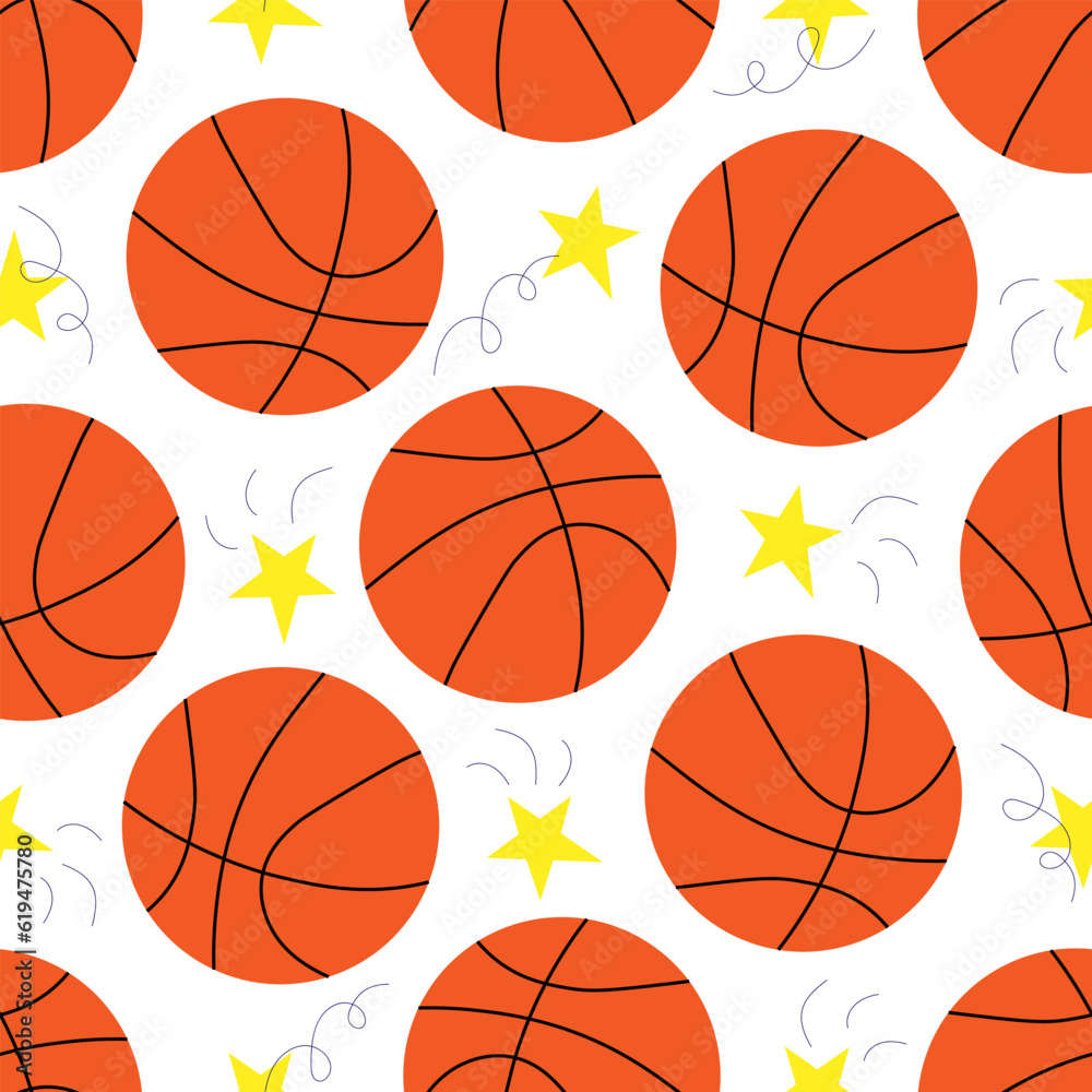 Vector seamless pattern with basketball, stars and lines in cartoon style