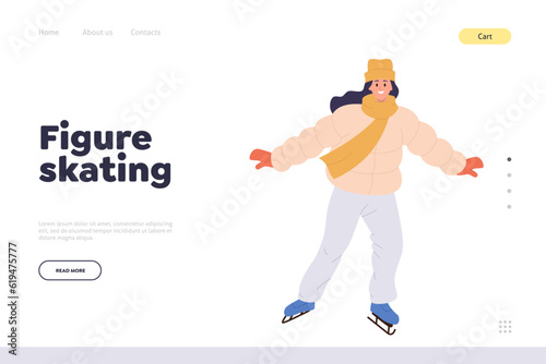 Figure skating landing page design template with young woman in winter outwear dancing on ice