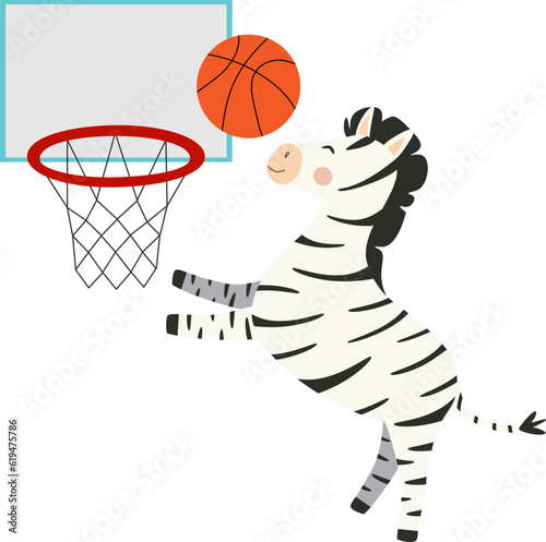 Vector illustration of zebra basketball player in cartoon style. Zebra player basketball hoop and ball