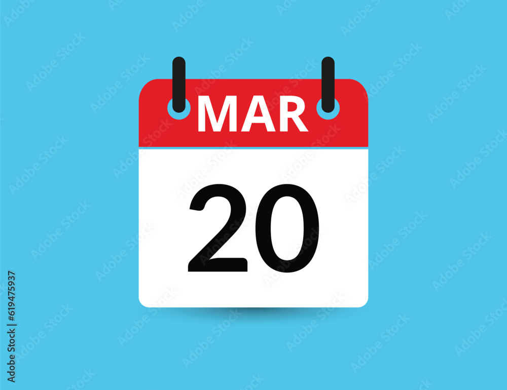 March 20. Flat icon calendar isolated on blue background. Date and month vector illustration March 20. Flat icon calendar isolated on blue background. Date and month vector illustration