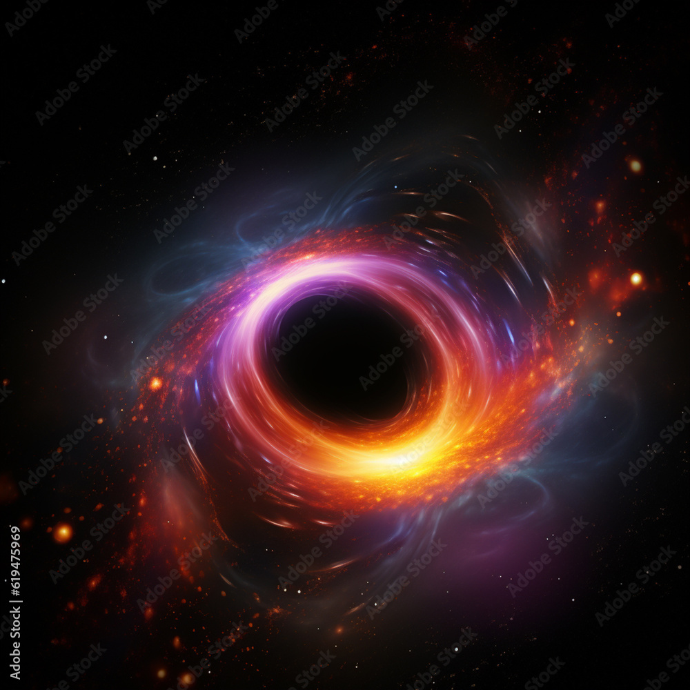 black hole with a glowing constellation of various colors revolves around a black hole in the universe black hole with a glowing constellation of various colors revolves around a black hole in the universe