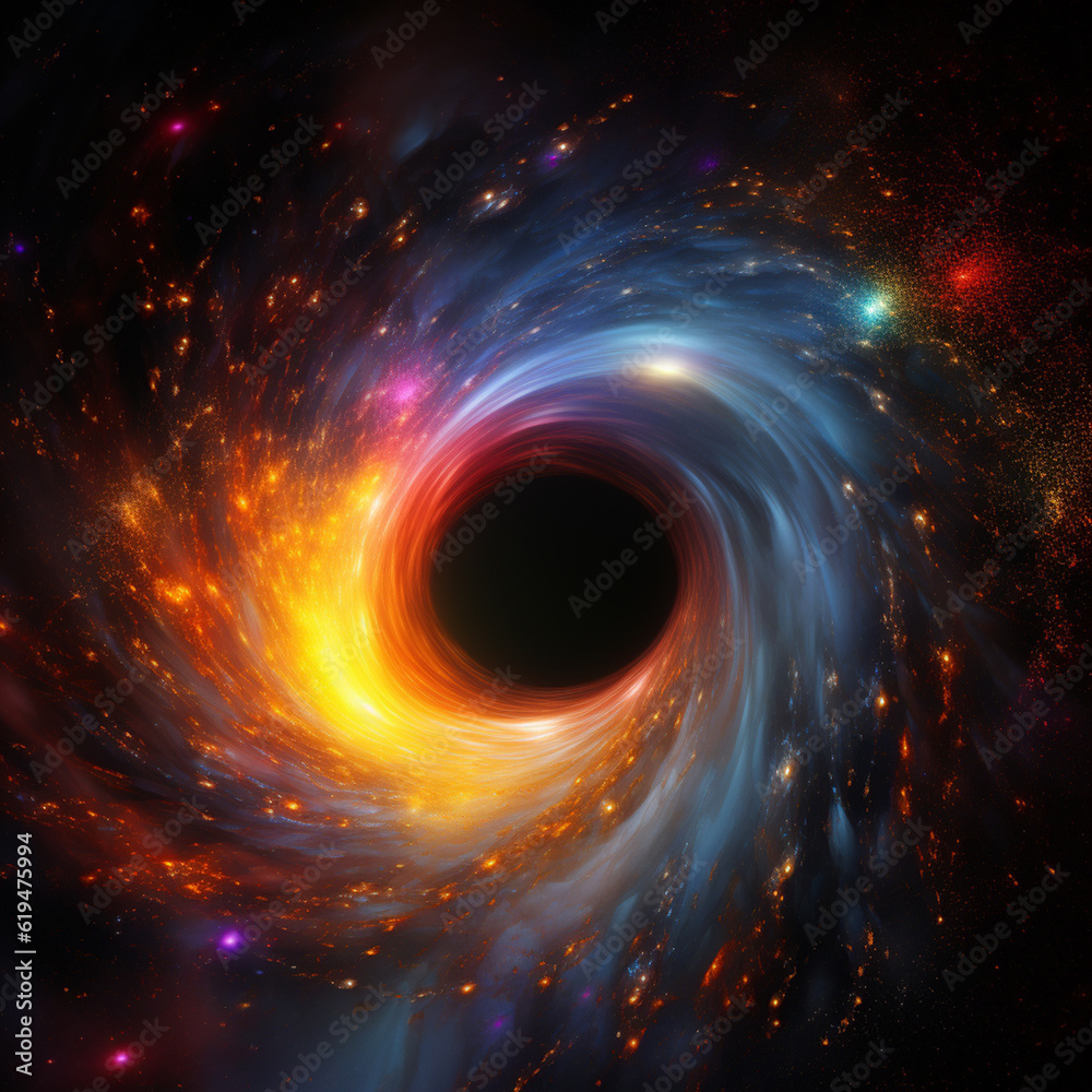 black hole with a glowing constellation of various colors revolves around a black hole in the universe	