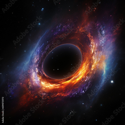 black hole with a glowing constellation of various colors revolves around a black hole in the universe 