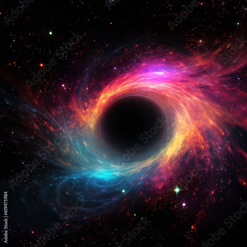 black hole with a glowing constellation of various colors revolves around a black hole in the universe 