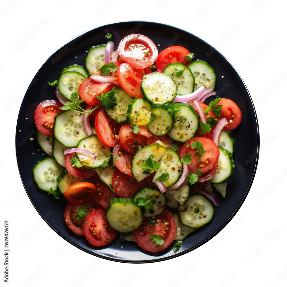 Delicious Plate of Cucumber Tomato Salad Isolated on a Transparent Background Delicious Plate of Cucumber Tomato Salad Isolated on a Transparent Background