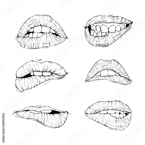 set sexy mouth lip bite collection sketch vector illustration line art