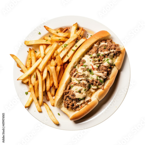 Delicious Cheesesteak Sandwich and French Fries Isolated on a Transparent Background photo