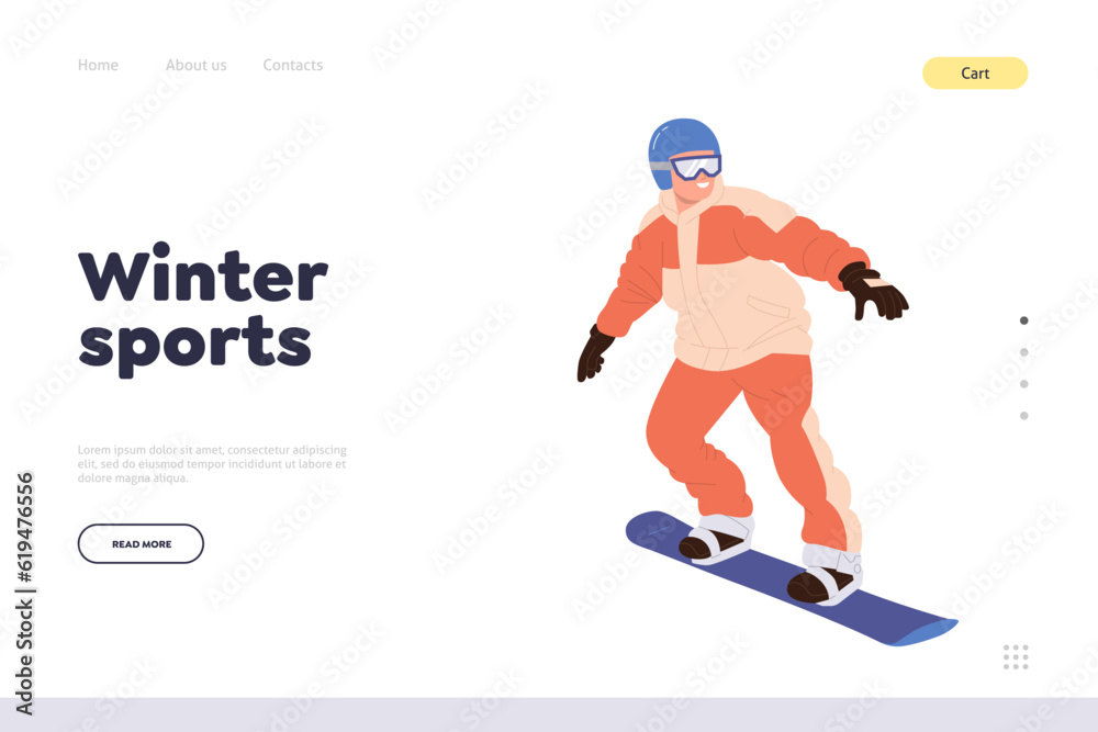 Winter sport landing page design template with snowboarder cartoon character riding downhill