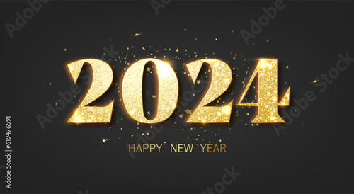 Happy new year 2024 banner. Golden luxury number 2024 Happy new year. Gold Festive design. New Year Banner
