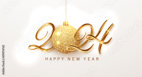 2024 golden numbers with gold glitter ball on white background. Happy new year and merry christmas banner.