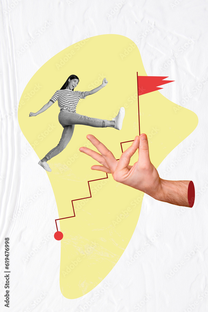 Naklejka premium Creative abstract template collage of big hand holding finish flag active girl running upstairs walk have fun businessperson career education