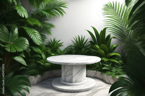 white marble cylinder podium green leaves in white background made with Generative AI