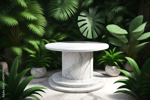white marble cylinder podium green leaves in white background made with Generative AI