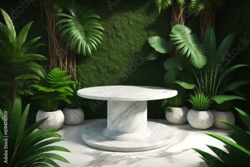 white marble cylinder podium green leaves in white background made with Generative AI