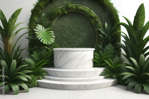 white marble cylinder podium green leaves in white background made with Generative AI